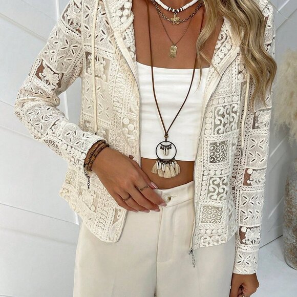 Apricot Casual Women's Hollow-Out Zipper Front Hooded Cardigan - Picture 3 of 6